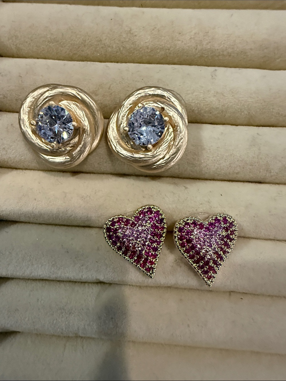 Gold-Tone Stud Earrings with Clear and Pink Stones